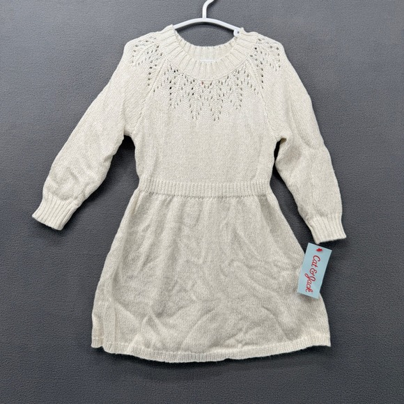 Cat & Jack Other - Cat Jack Cream Knit Sweater Dress Girls 2T Long Sleeve Sparkle Fair Isle Accents